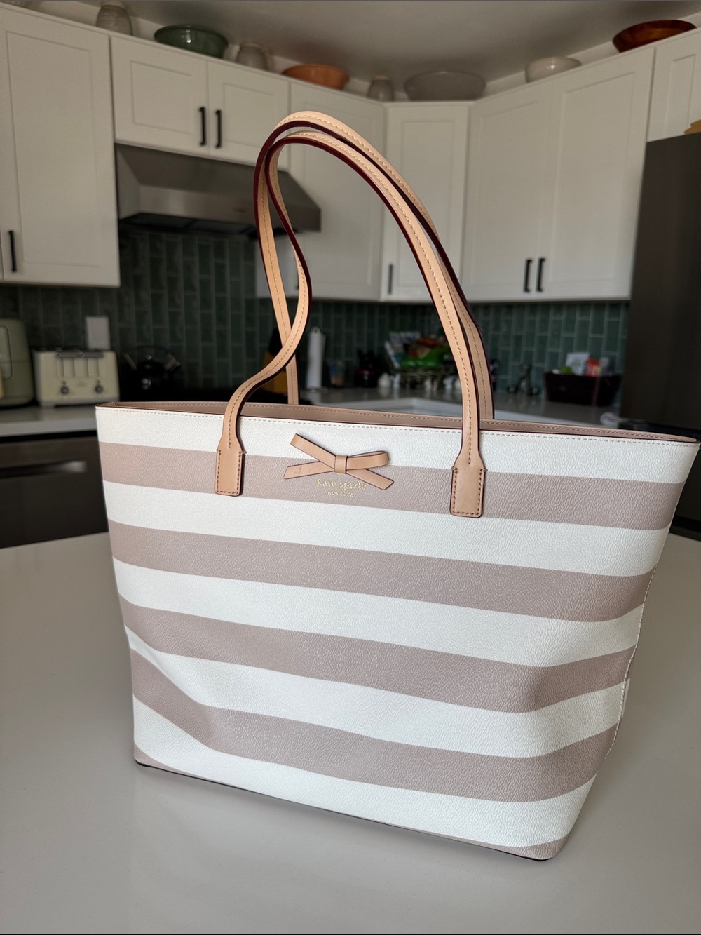 Kate Spade Beige & White Striped Tote Bag with Bow Accent